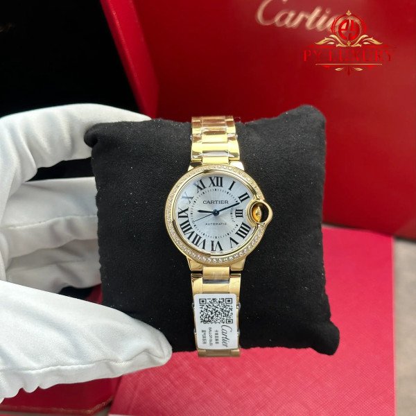 Cartier Ballon Bleu WJBB0069 Automatic Yellow Gold Silver Dial Diamond Bezel Best Replica AF 33mm
