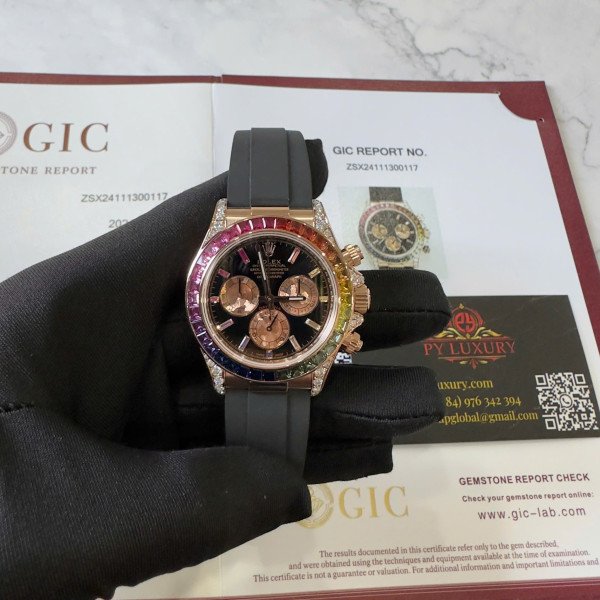 Rolex Daytona Rainbow 18K Rose Gold Wrapped Custom Moissanite & Synthetic Sapphire Rubber Strap Super Clone 40mm