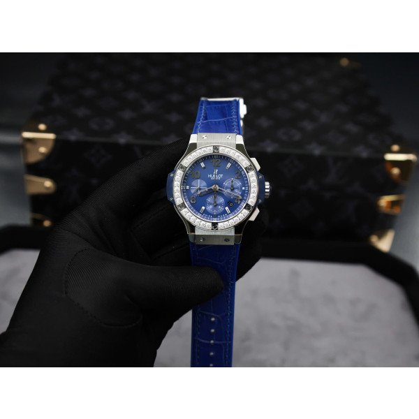 Hublot Big Bang Chronograph Steel Blue Custom Moissanite Bezel Replica 41mm