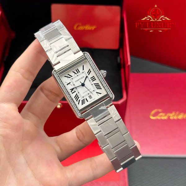 Cartier Tank Solo XL Automatic Silver Dial Diamond Bezel Steel Bracelet Best Replica AF 31mm x 41mm