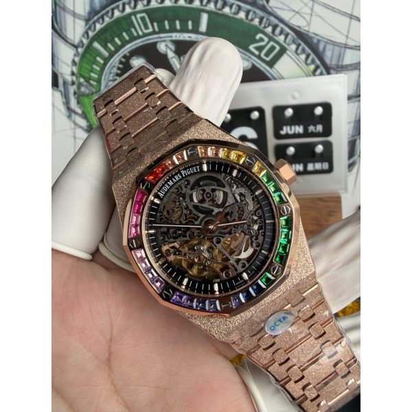Audemars Piguet Royal Oak Openworked Rainbow 15412OR Frosted Rose Gold Best Replica OCTA 41mm (Free Sprung)