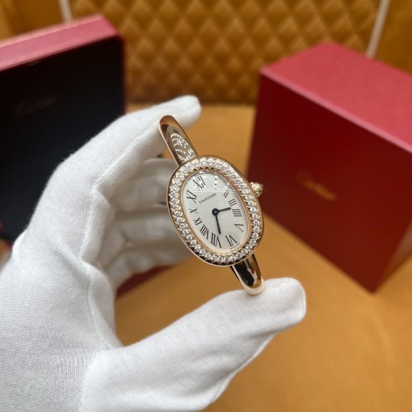 Cartier Baignoire Small Model 18K Rose Gold Wrapepd Silver Dial Moissanite Bezel 1:1 Best Replica (Wrist Size 15, 16, 17cm)