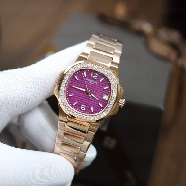 Patek Philippe Nautilus 7010/1R Rose Gold Purple Dial Diamond Bezel Replica GRF 32mm