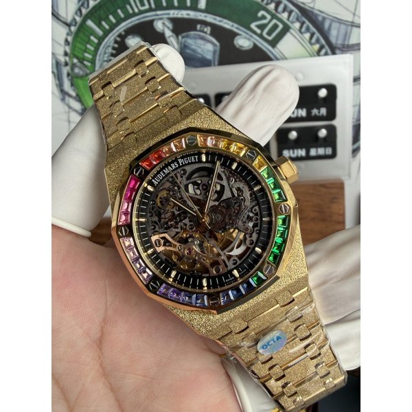 Audemars Piguet Royal Oak Openworked 15412BA Rainbow Frosted Yellow Gold Best Replica 1:1 OCTA 41mm (Free Sprung)