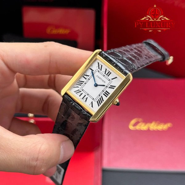 Cartier Tank Solo Large Model W5200004 Yellow Gold Silver Dial Leather Strap Best Copy AF 34.8 x 27.4 mm