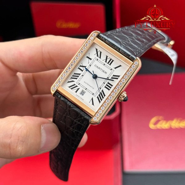Cartier Tank Solo Extra Large W5200026 Rose Gold Diamond Bezel Black Leather Strap Best Replica 31 x 41mm