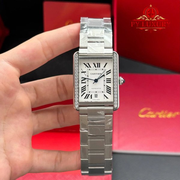 Cartier Tank Solo XL Automatic Silver Dial Diamond Bezel Steel Bracelet Best Replica AF 31mm x 41mm