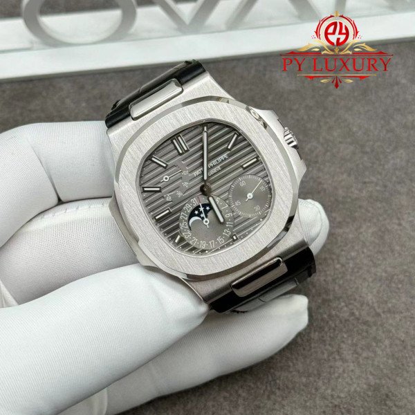 Patek Philippe Nautilus 5712G-001 Grey Dial 1:1 Custom Made Pure 18K White Gold Crocodile Leather Strap 40mm