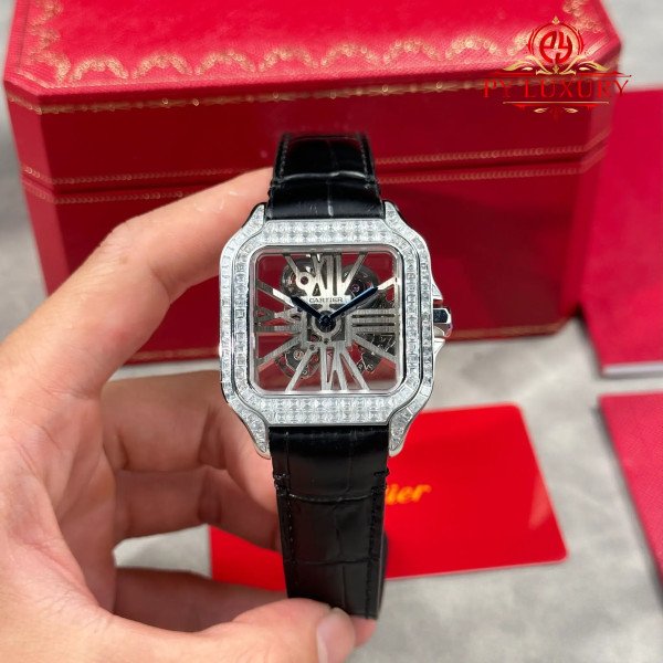 Cartier Santos De Cartier Skeleton HPI01500 Large Model Custom Baguette Moissanite Leather Strap 1:1 Best Clone 39.8mm