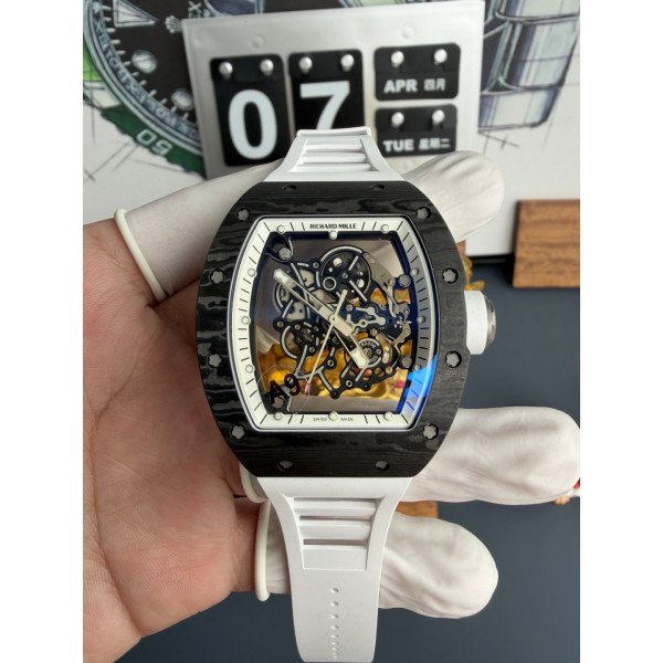 Richard Mille RM055 Bubba Watson White Legend Carbon NTPT Vaucher Movement 1:1 Super Clone A9 Factory 42.7mm x 49.9mm (Free Sprung)