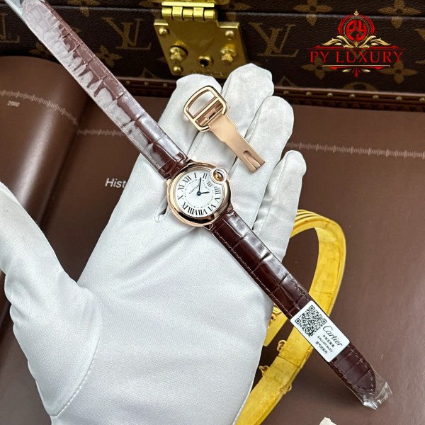 Cartier Ballon Bleu W6900256 Silver Dial Rose Gold Brown Leather Strap Best Replica AF 28mm