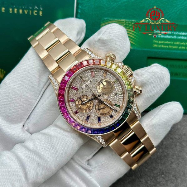 Rolex Daytona 116505 Rainbow Diamonds Pavé Dial Solid 18K Rose Gold Natural Gemstones 40mm