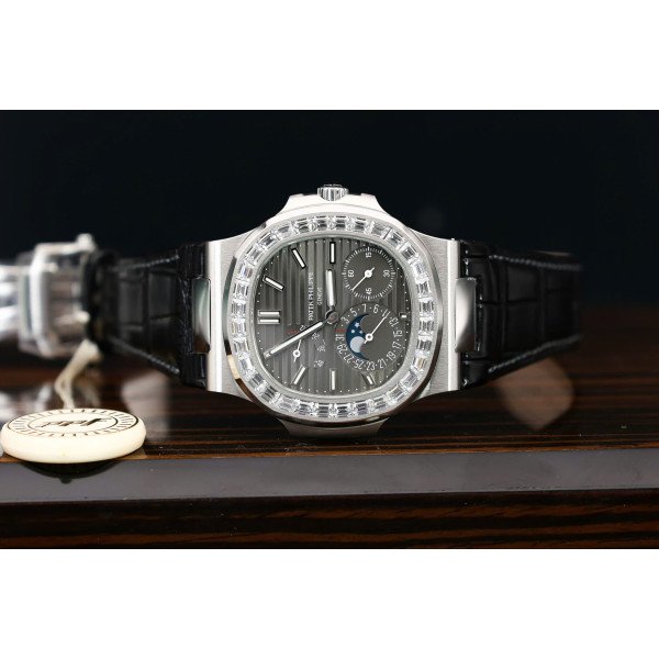 Patek Philippe Nautilus 5712G Grey Dial Baguette Stone Bezel Full Functions PPF Best Replica 40mm