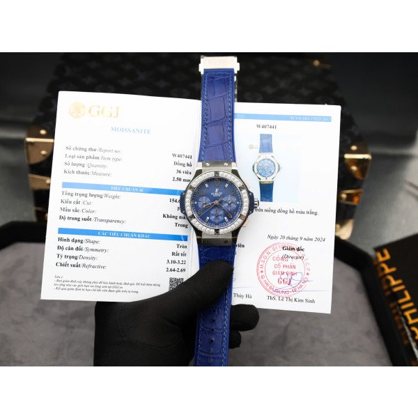Hublot Big Bang Chronograph Steel Blue Custom Moissanite Bezel Replica 41mm
