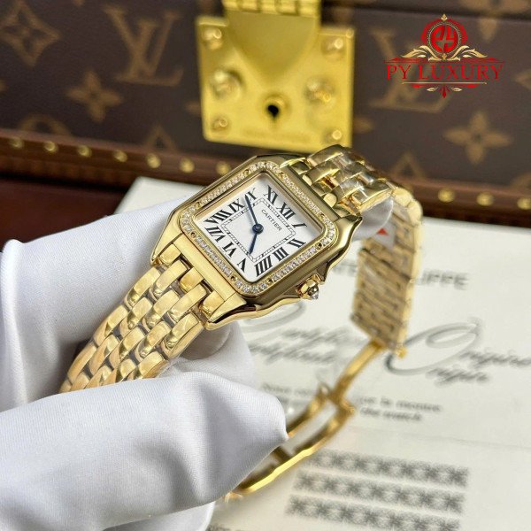 Cartier Panthère Yellow Gold Medium Model Silver Dial Diamond Bezel Best Replica BVF 27mm x 36mm