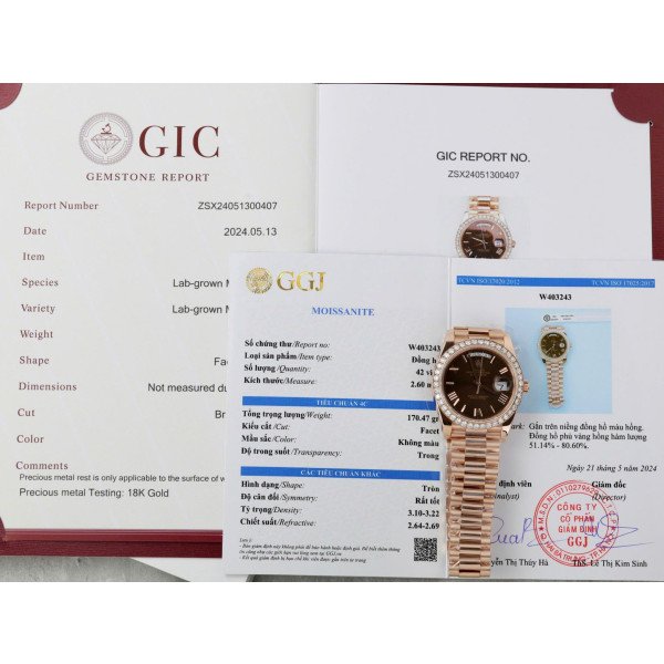 Rolex Day-Date 228345RBR-0009 18k Gold Wrapped Chocolate Roman Index Dial Moissanite Bezel GMF V3 40mm