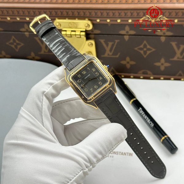 Cartier Santos Dumont LM Yellow Gold Gray Lacquer Grey Dial Quartz Leather Strap Replica AF 31.4mm x 43.5mm