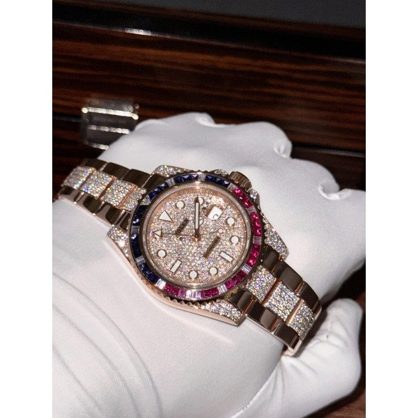 Rolex GMT-Master II 126755SARU-DIAO 18K Gold Wrapped Custom Moissanite Ruby & Sapphire Bezel 40mm