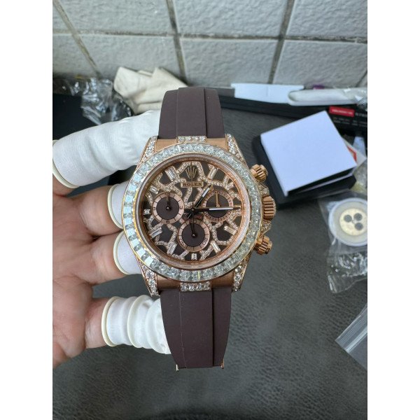 Rolex Daytona 126555TBR Giraffe Rose Gold Chestnut Brown Diamond Dial Diamond Bezel Custom Moissanite 40mm