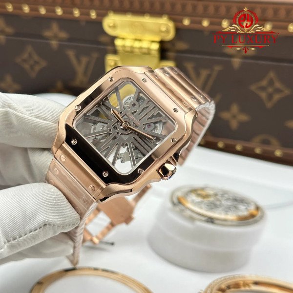 Cartier Santos Skeleton WHSA0016 Large Model Rose Gold Super Clone 39.8mm