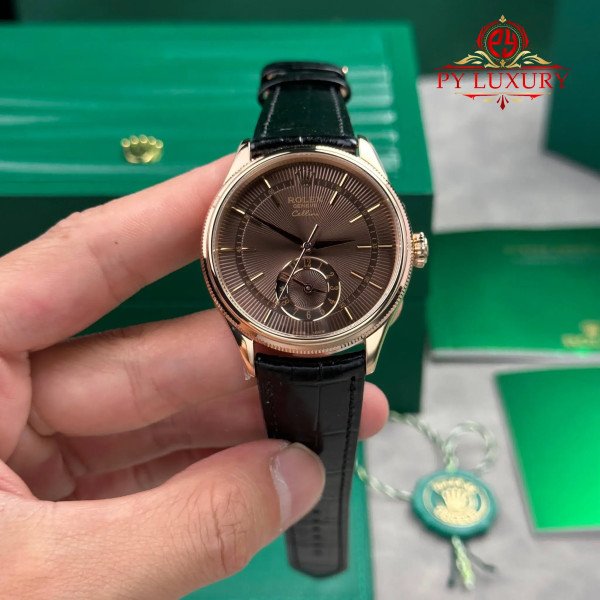 Rolex Cellini Dual Time 50525 Rose Gold Chocolate Dial Leather Strap Best Replica 39mm