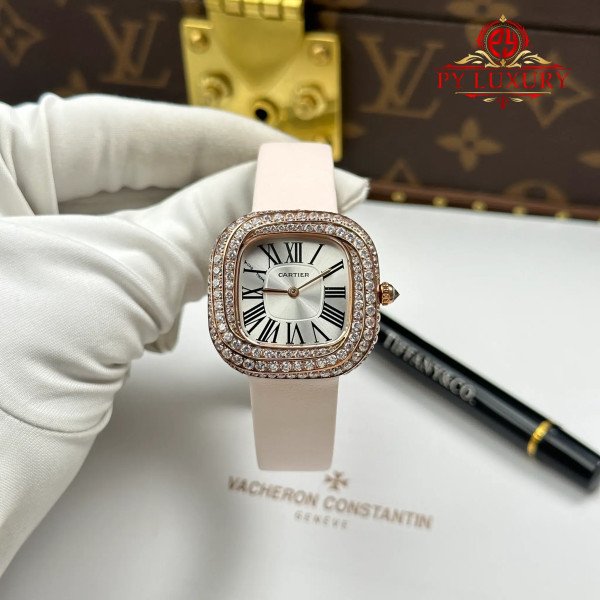 Cartier Coussin Medium Model WJCS0005 Rose Gold Spiral-set Diamonds Silver Dial Best Replica 30.4 x 31.1mm