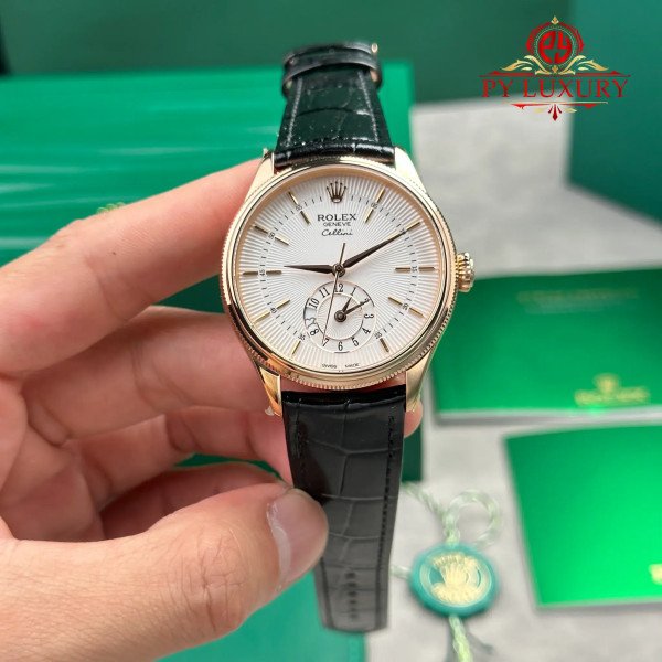 Rolex Cellini Dual Time 50525 Rose Gold Silver Dial Black Leather Strap Best Replica KZF 39mm