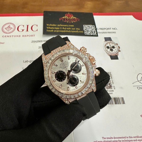 Rolex Daytona Custom Natural Meteorite Dial 18K Rose Gold Plated Baguette Moissanite Bezel Oysterflex 40mm