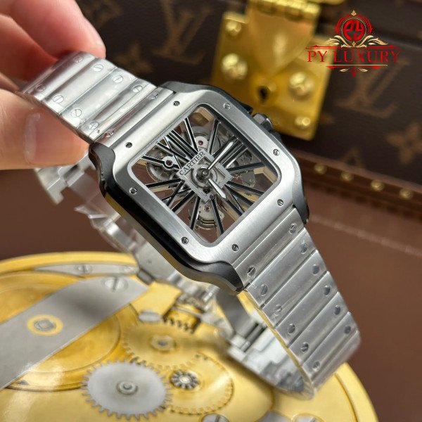 Cartier Santos Skeleton Steel & Black ADLC Watch WHSA0027 1:1 Super Clone MLF 39.8mm