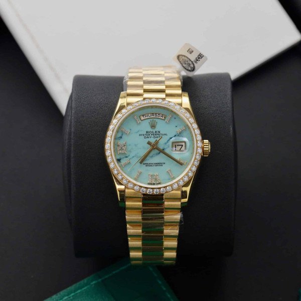Rolex Day-Date 128348RBR-0037 Turquoise Dial 18K Yellow Gold Wrapped Moissanite Bezel 36mm