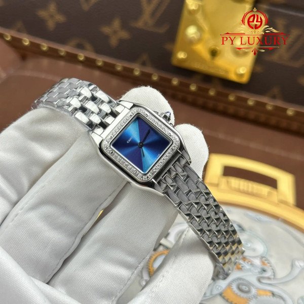Cartier Panthère Small W4PN001 Steel Blue Dial Diamond Bezel Best Replica 22mm x 30mm