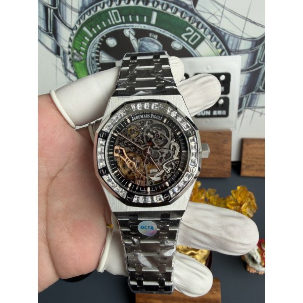 Audemars Piguet Royal Oak OpenWorked 15412BC Skeleton Dial CZ Stone Bezel Best Replica OCTA 41mm (Free Sprung)