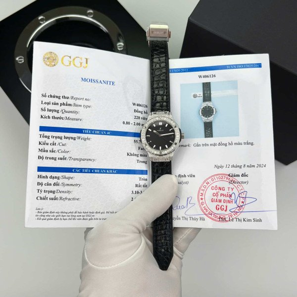 Hublot Classic Fusion Titanium Pavé Black Dial Custom Moissanite Leather Strap Best Replica 33mm
