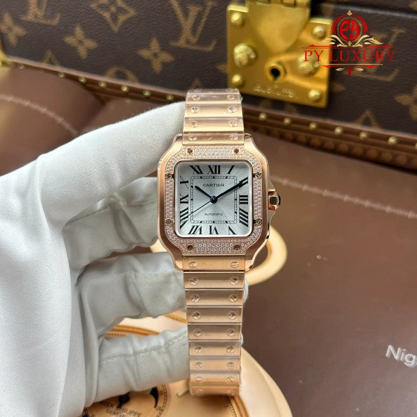Cartier Santos WJSA0007 Rose Gold Silver Dial Diamond Bezel Best Replica BVF 35.1mm