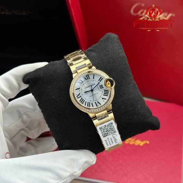 Cartier Ballon Bleu WJBB0069 Automatic Yellow Gold Silver Dial Diamond Bezel Best Replica AF 33mm