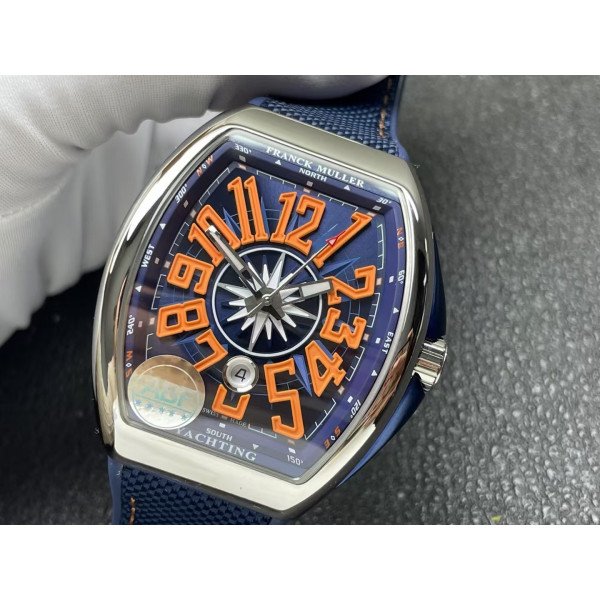 Franck Muller Vanguard Yachting V45 Blue Dial Orange Arabic Numerals Rubber Strap 1:1 Best Replica ABF 45mm