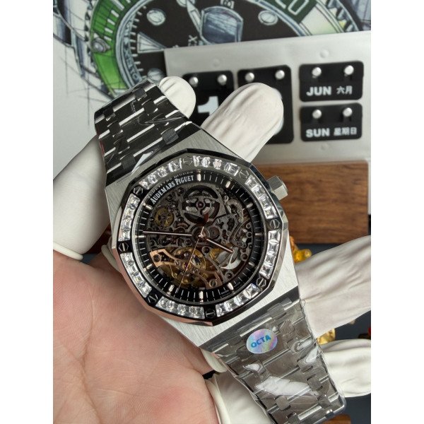 Audemars Piguet Royal Oak OpenWorked 15412BC Skeleton Dial CZ Stone Bezel Best Replica OCTA 41mm (Free Sprung)