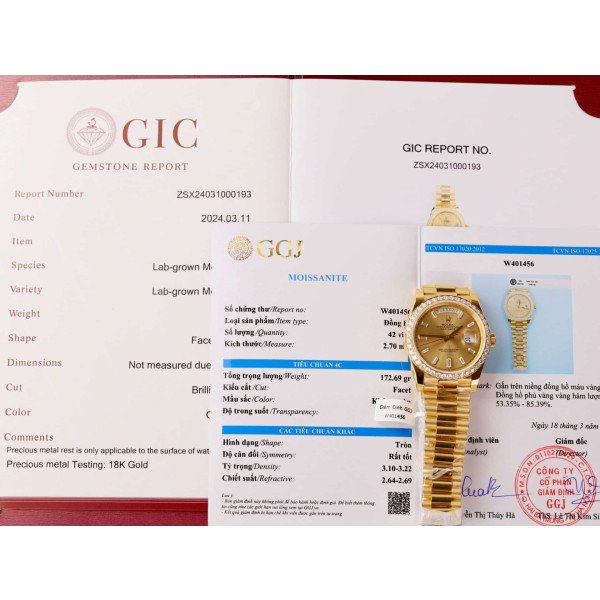 Rolex Day-Date 228348RBR 18K Yellow Gold Wrapped Champagne Baguette Diamond Dial Moissanite Bezel 173g GMF V3 40mm