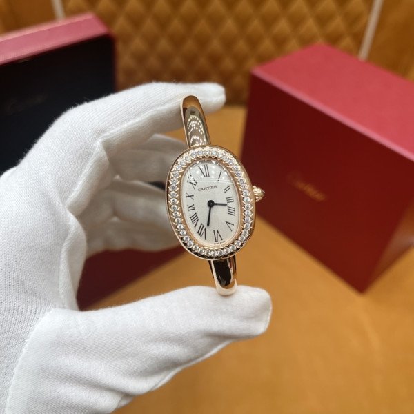 Cartier Baignoire Small Model 18K Rose Gold Wrapepd Silver Dial Moissanite Bezel 1:1 Best Replica (Wrist Size 15, 16, 17cm)
