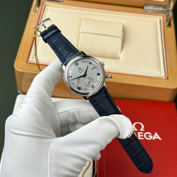 Omega De Ville Prestige Power Reserve Grey Dial Blue Leather Strap Best Clone 39.5mm