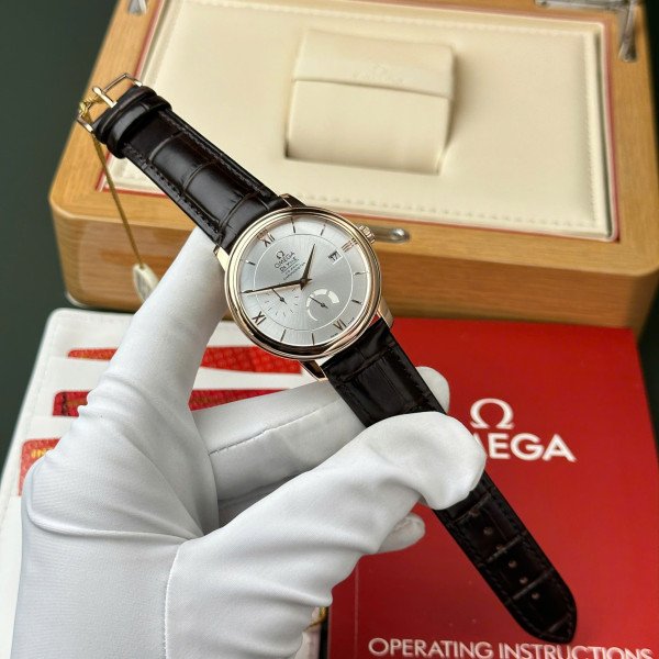 Omega De Ville Prestige Power Reserve Rose Gold Silver Dial Leather Strap Best Replica 39.5mm