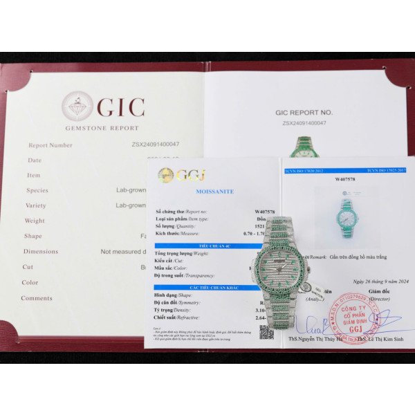 Patek Philippe Ladies Natilus 7118/1453G-001 Iced Out Moissanite Green Best Replica 35.2mm