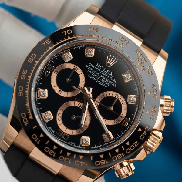 Rolex Daytona 116515LN 18K Solid Rose Gold Black Diamond Dial Oysterflex Rubber Strap 40mm