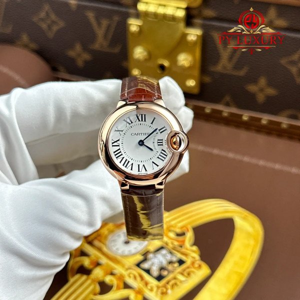 Cartier Ballon Bleu W6900256 Silver Dial Rose Gold Brown Leather Strap Best Replica AF 28mm