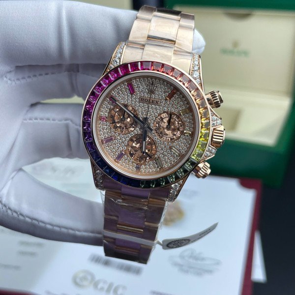 Rolex Daytona 116595RBOW Rainbow Pave Diamond Dial 18K Gold Wrapped Custom Moissanite Best Replica 40mm