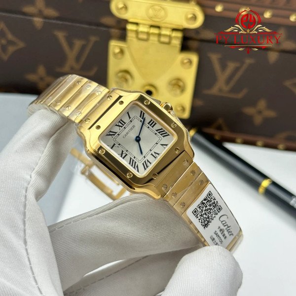 Cartier Santos WGSA0107 Yellow Gold Mini Model Silver Dial Quartz Best Replica 27mm