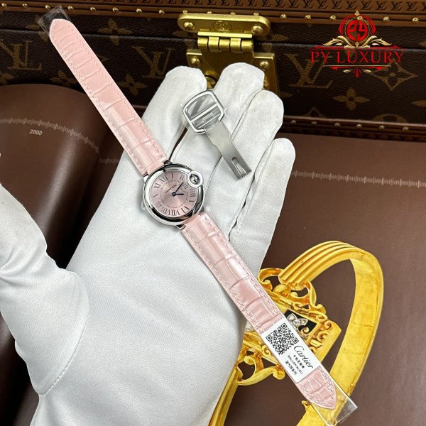 Cartier Ballon Bleu Pink Dial Quartz Pink Leather Strap Best Replica AF 28mm