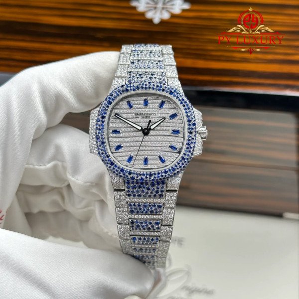 Patek Philippe Nautilus 7118/1451G-001 Custom Moissanite & Blue Sapphire Paved Best Replica 35.2mm