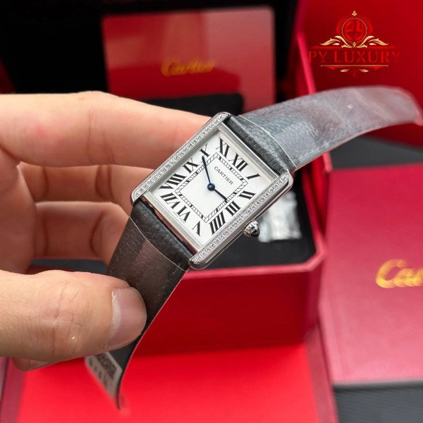 Cartier Tank Solo Large Model Silver Dial Steel Diamond Bezel Leather Strap Best Replica AF 34.8 x 27.4 mm