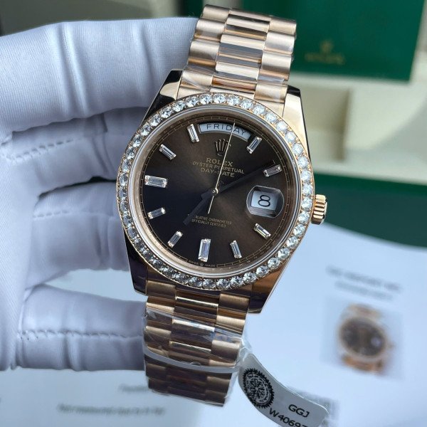 Rolex Day-Date 228345RBR Chocolate Baguette Dial 18K Gold Wrapped Moissanite Bezel 174g GMF V3 40mm